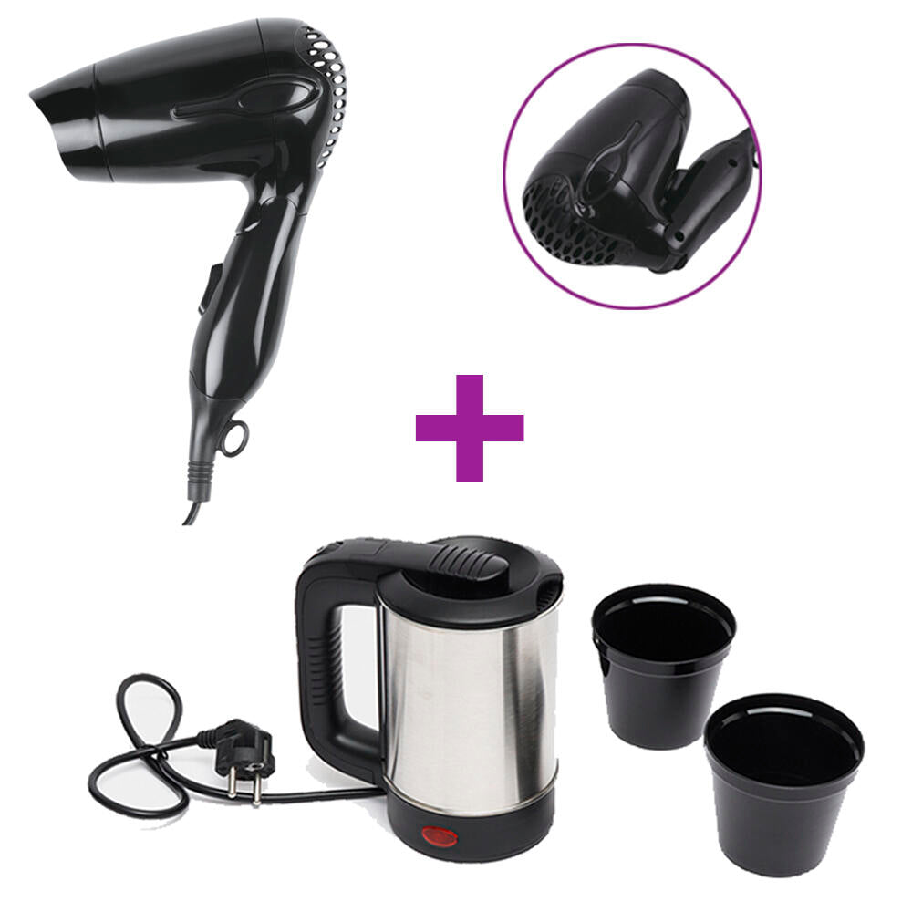 Pack Viaje Secador De Pelo Con Mango Plegable & Hervidor De Acero Viaje 0,5L De Viaje
